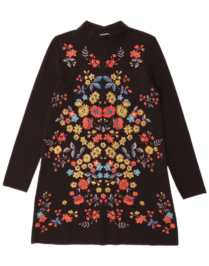Zara Damen-Etuikleid mit langen Ärmeln, Gr. 10, Größe S, Schwarz, Blumenmuster, Polyester
