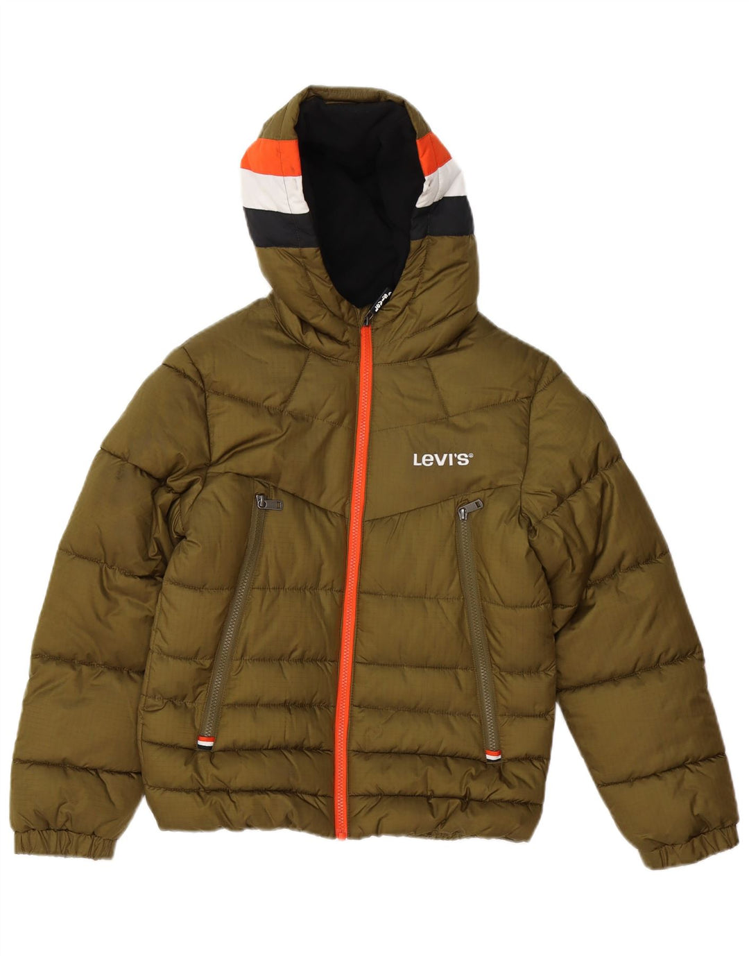 Levi's wattierte Jungenjacke mit Kapuze, 11–12 Jahre, Khaki, Farbblock-Polyester