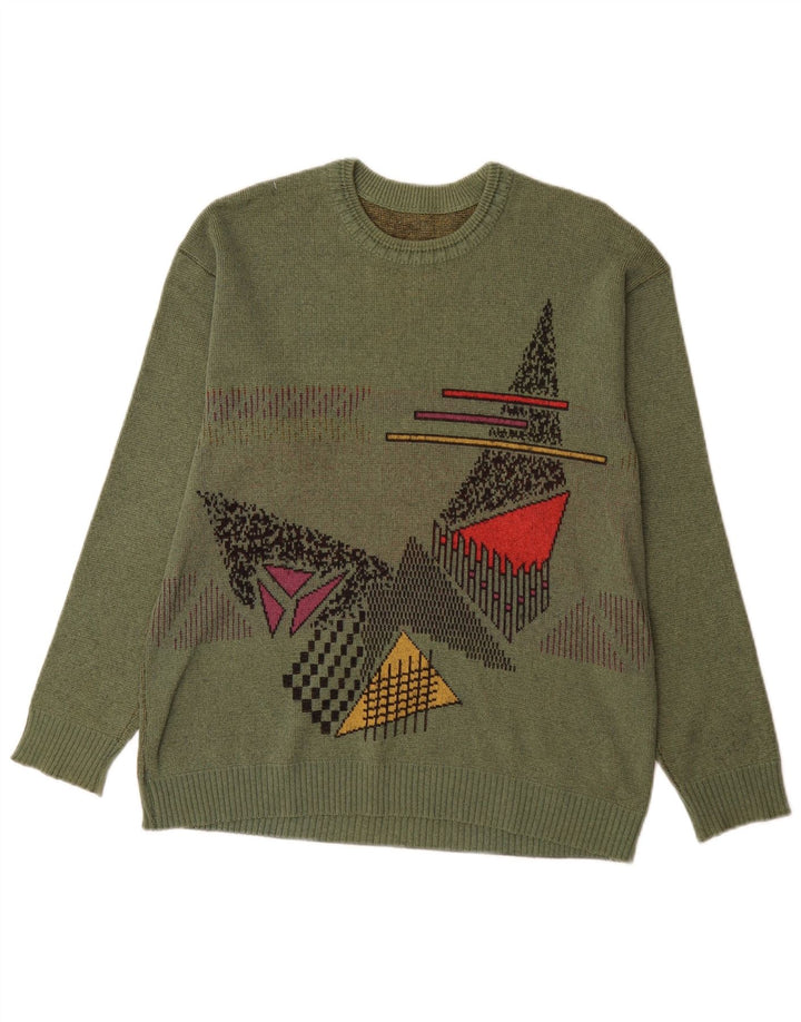 Vintage Herren Pullover mit Rundhalsausschnitt, mittelgroß, Khaki, geometrisch
