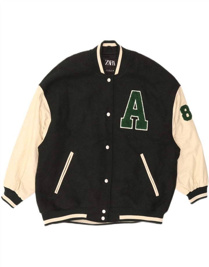 ZARA Herren Graphic Varsity Jacke UK 38 Mittelgrünes Colourblock-Polyester