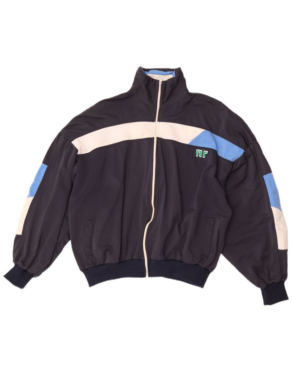 Vintage Herren Retro Trainingsanzug Top Jacke EU 52 Groß Marineblau Farbblock