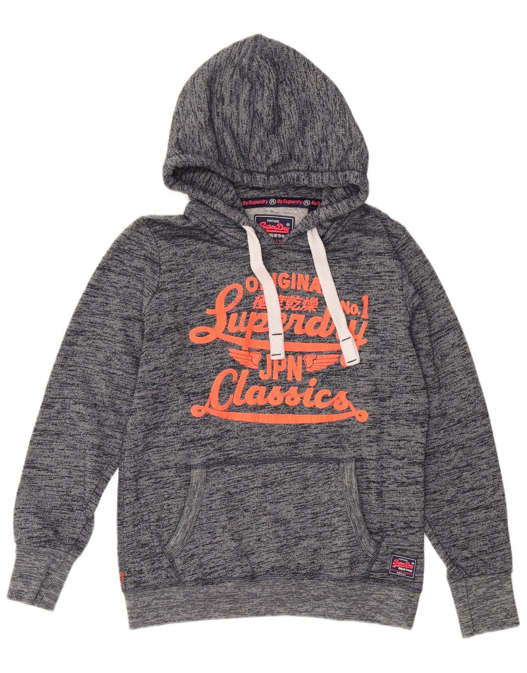 Superdry Graphic Hoodie-Pullover für Damen, UK 12, mittelmarineblau gesprenkelte Baumwolle