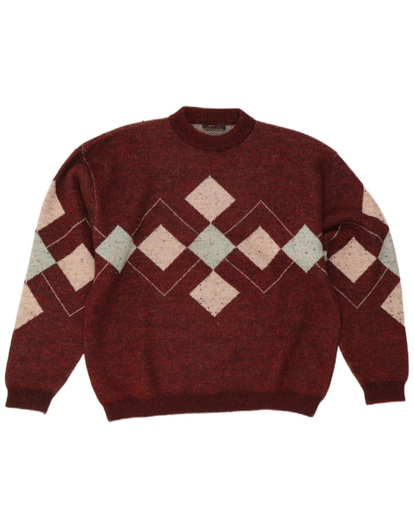 Vintage Herren Pullover mit Rundhalsausschnitt, groß, Burgunderrot, Argyle/Diamant