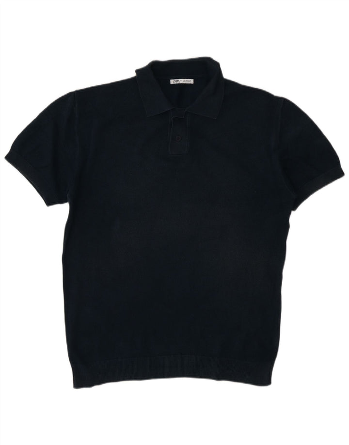 Zara Herren-Pullover mit Polokragen, kurzärmelig, Mittelblau