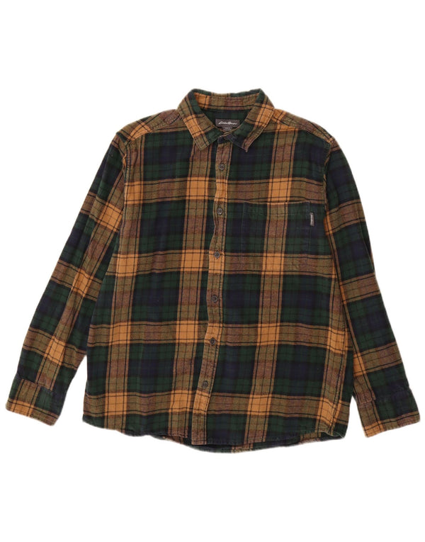 EDDIE BAUER Boys Flannel Shirt 15-16 Years Large Green Plaid Cotton