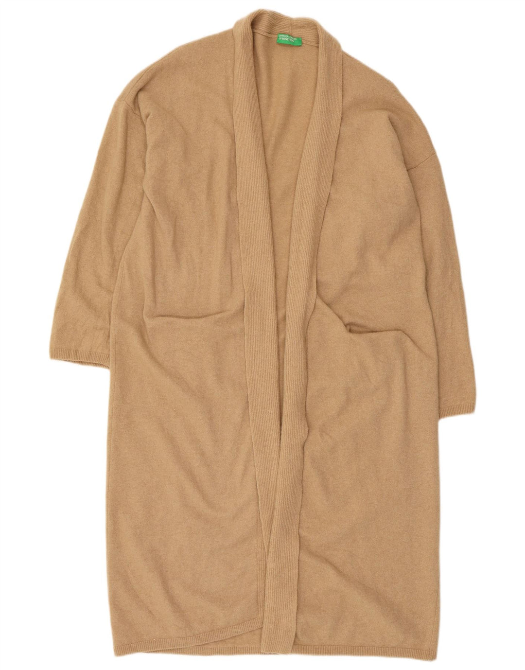 Benetton Damen Longline Open Cardigan Pullover UK 16 Large Beige Wolle