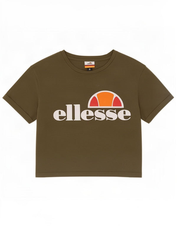 Ellesse Womens Crop Graphic T-Shirt Top UK 8 Small Khaki Colourblock Baumwolle