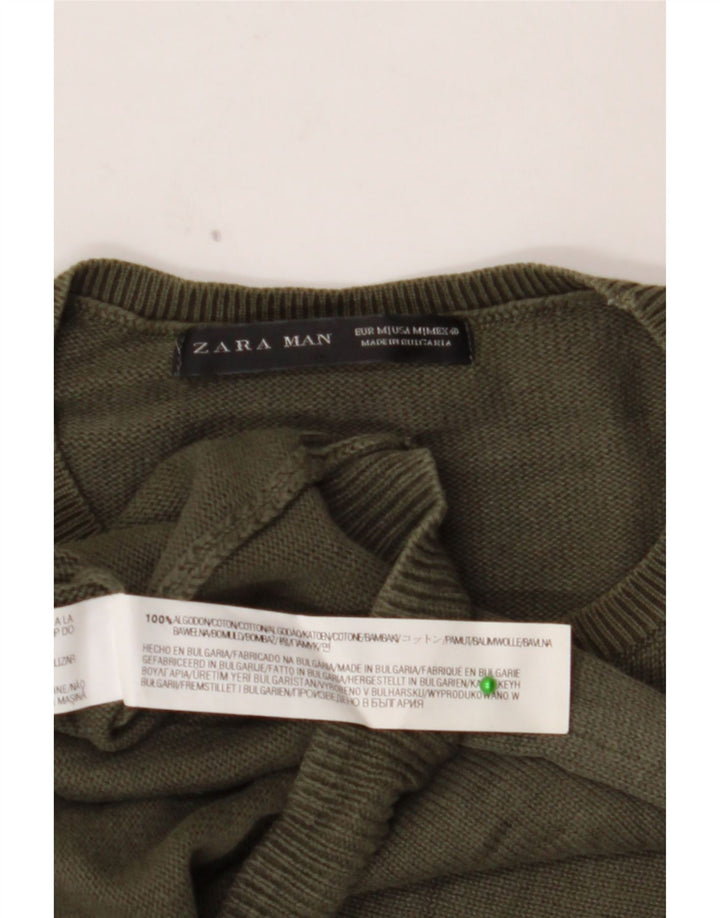 ZARA Herren-Pullover mit grafischem Rundhalsausschnitt, mittlere Khaki-Baumwolle