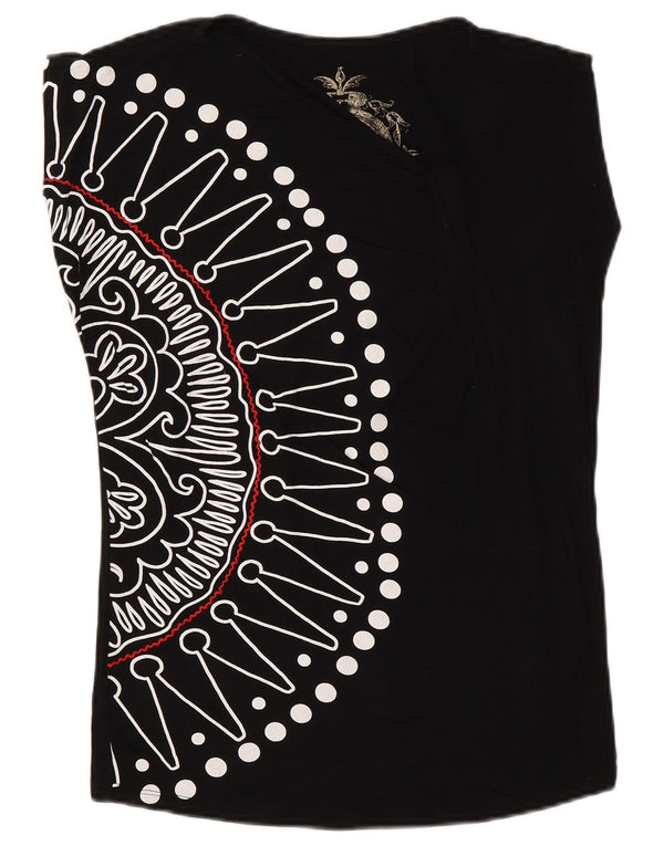 Desigual Damen Grafik T-Shirt Top UK 12 Medium Schwarz Paisley