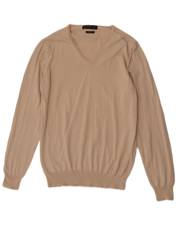 Zara Herren-Pullover, reguläre Passform, V-Ausschnitt, groß, beige Baumwolle