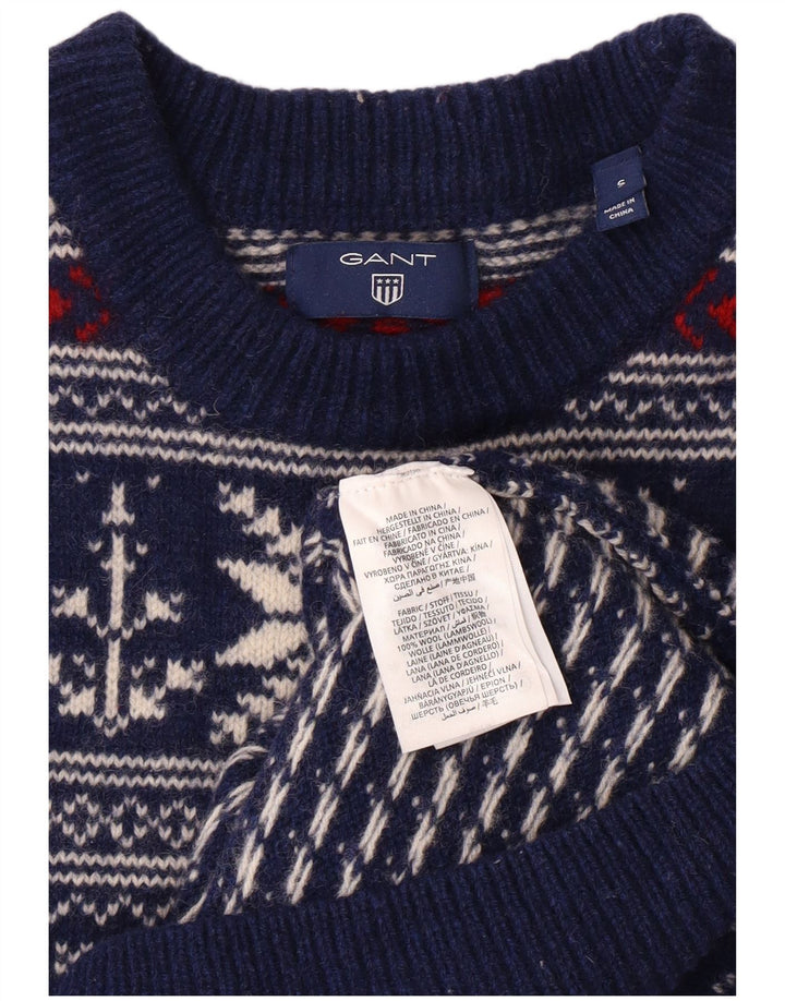 GANT Herren-Pullover mit Rundhalsausschnitt, Größe S, Marineblau, Fair-Isle-Wolle