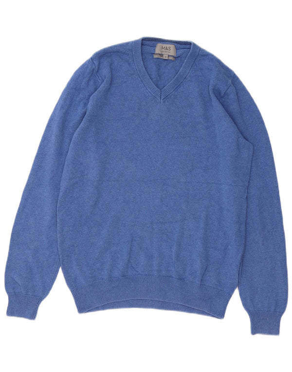 Marks & Spencer Herren-Pullover mit V-Ausschnitt, Größe S, blaue Baumwolle