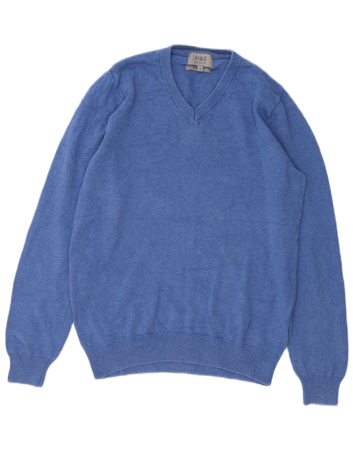 Marks & Spencer Herren-Pullover mit V-Ausschnitt, Größe S, blaue Baumwolle