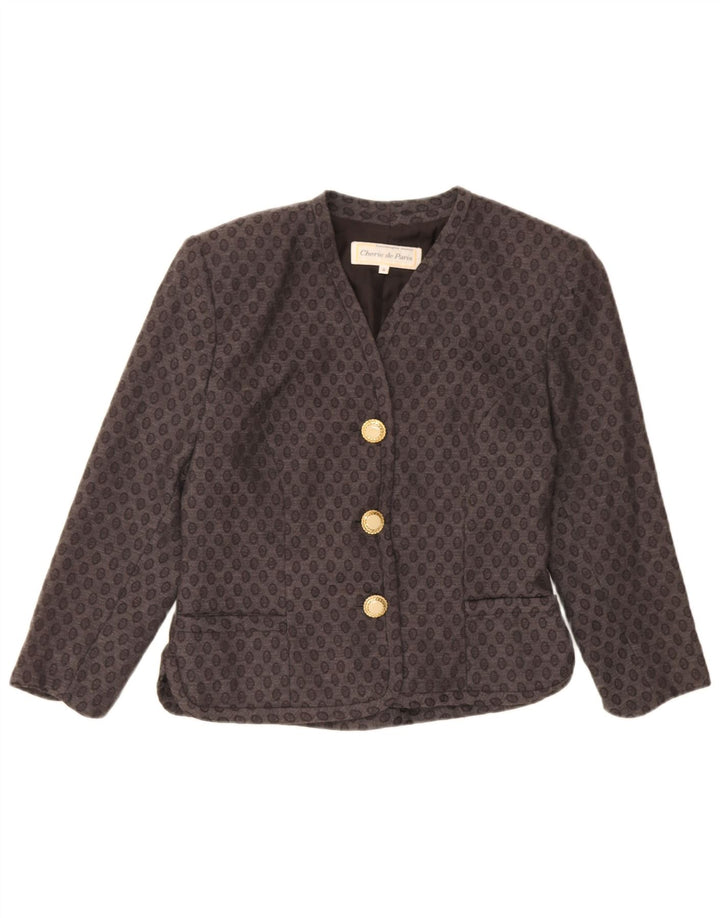 Vintage Damen 3/4 Ärmel Blazer Jacke IT 44 Mittelgrau Geometrisch