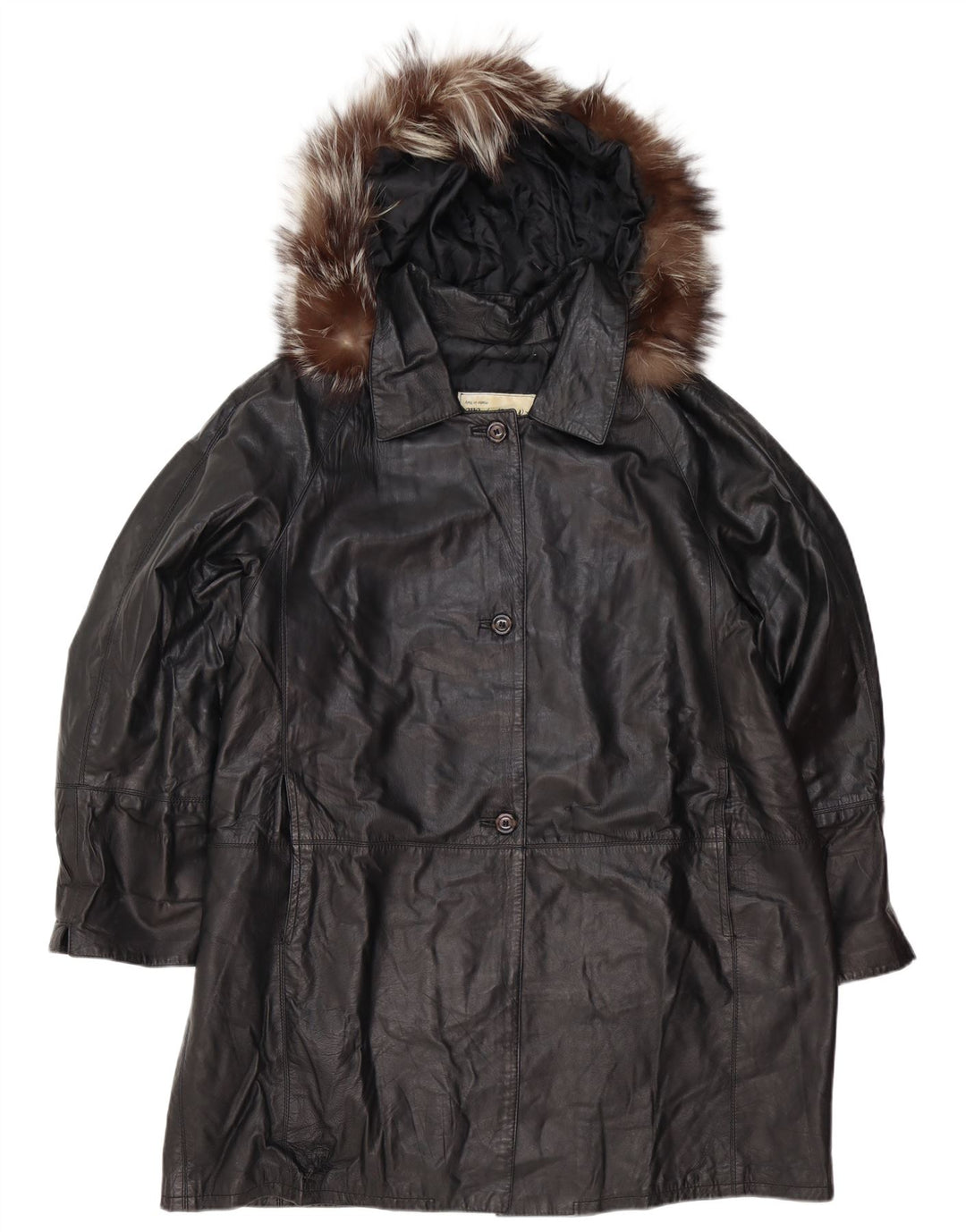 Vintage Damen Kapuzen-Übergroßer Ledermantel IT 48 XL Schwarzes Leder