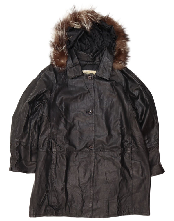 Vintage Damen Kapuzen-Übergroßer Ledermantel IT 48 XL Schwarzes Leder