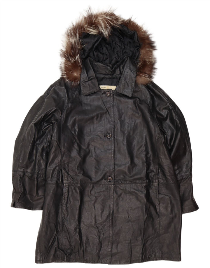 Vintage Damen Kapuzen-Übergroßer Ledermantel IT 48 XL Schwarzes Leder
