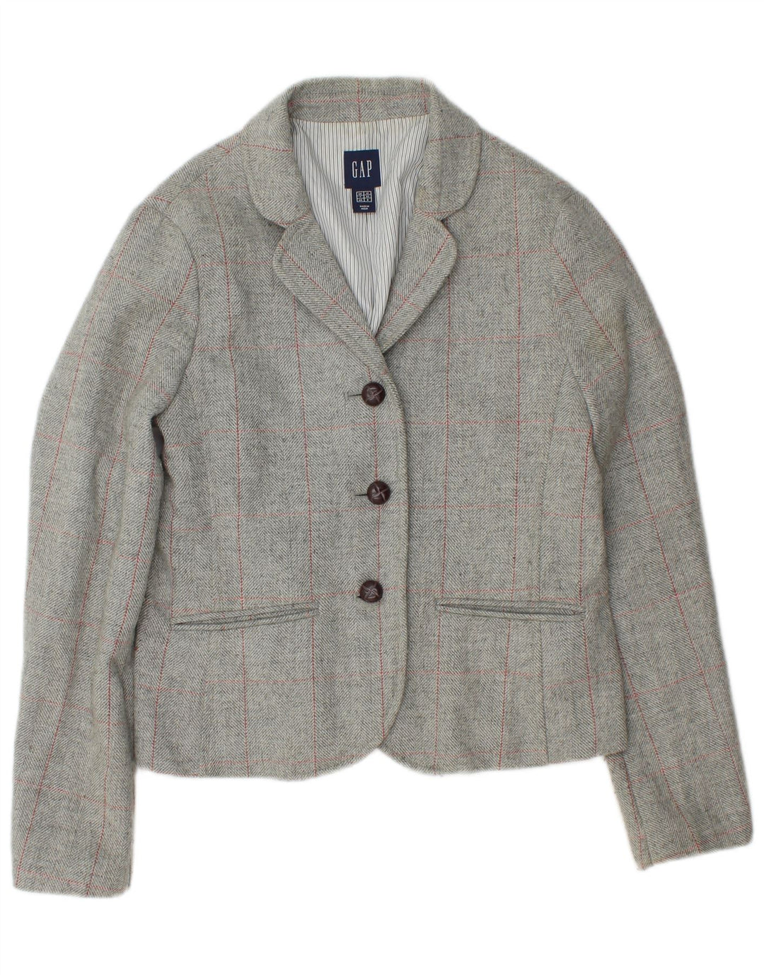 Gap Damen-Blazerjacke mit 3 Knöpfen, UK 12, mittelgrau karierte Wolle