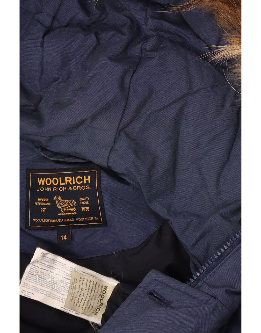 Woolrich Wattierter Jungenmantel mit Kapuze, 13–14 Jahre, blaue Baumwolle