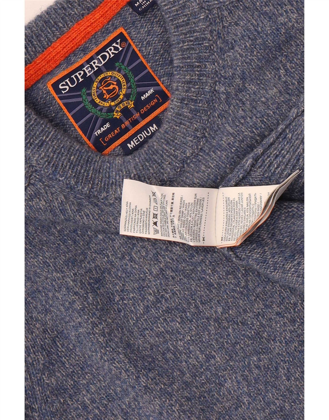 Superdry Herren-Pullover mit Rundhalsausschnitt, mittelblau gefleckte Lammwolle
