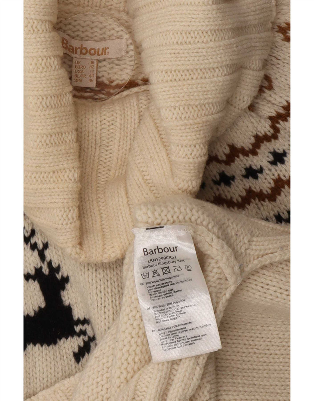 Barbour Rollkragenpullover für Damen, UK 16, Größe L, weiße Fair-Isle-Wolle
