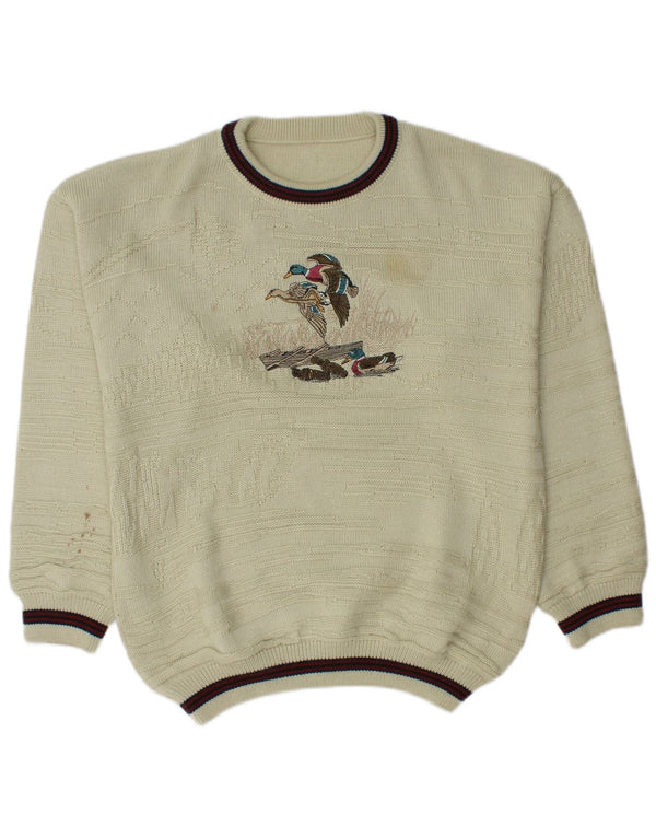 Vintage Herren Pullover mit grafischem Rundhalsausschnitt, Gr. 46/48, 2XL, Beige, Acryl