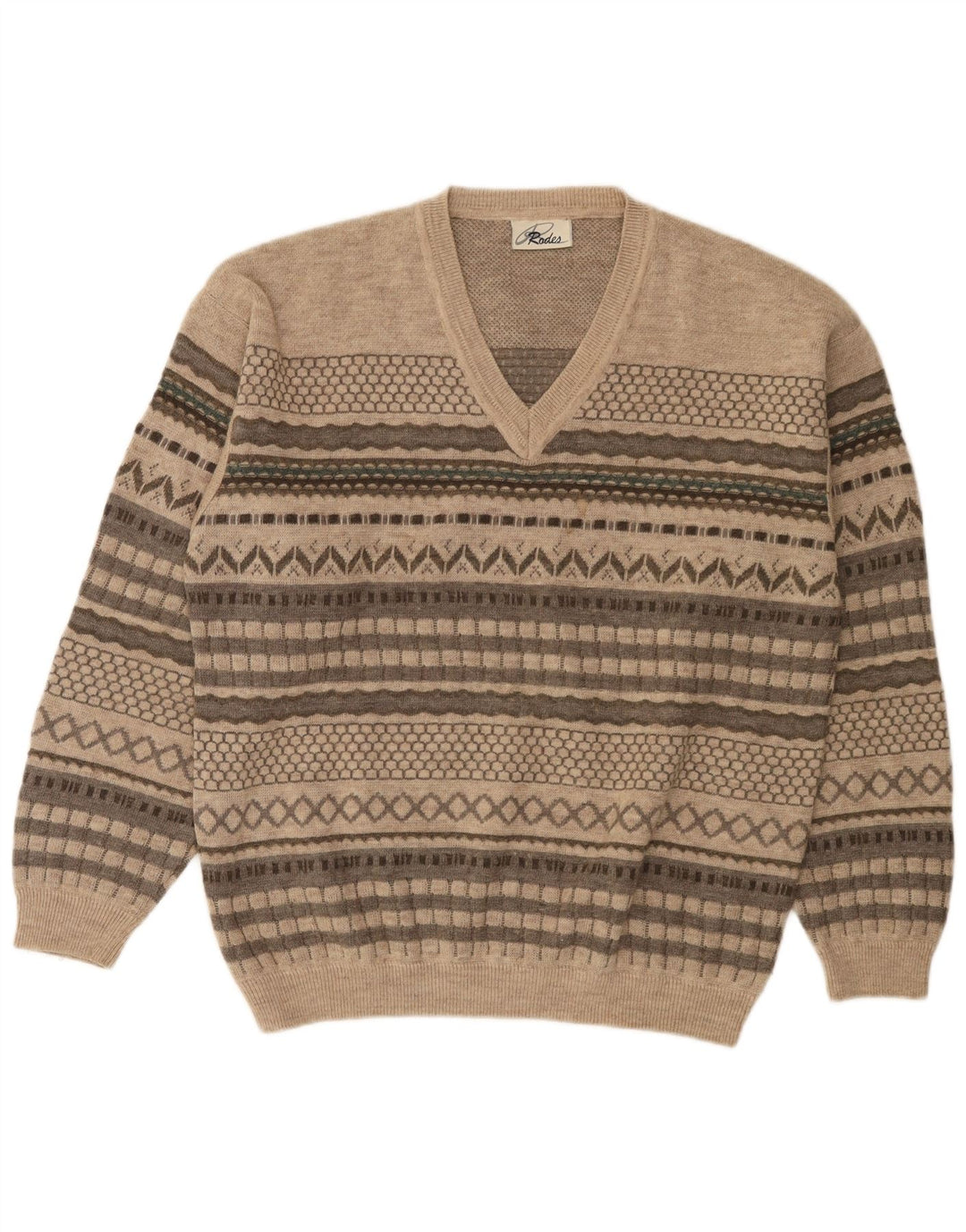 Rodes Herren-Pullover mit V-Ausschnitt, mittelbeige, gestreift, Wolle