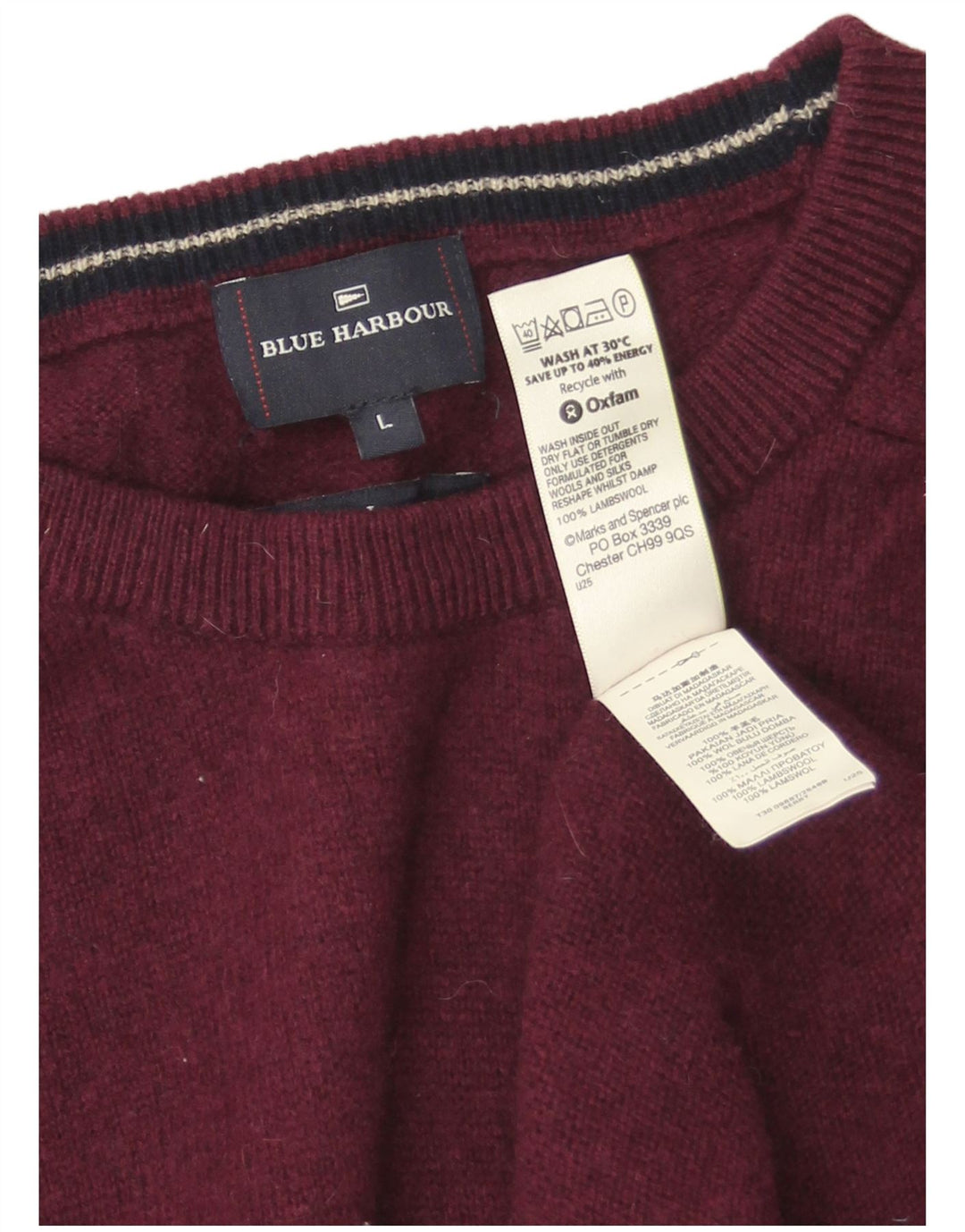 Marks & Spencer Herren Blauer Harbor-Pullover mit Rundhalsausschnitt, Größe L, Burgunderrot