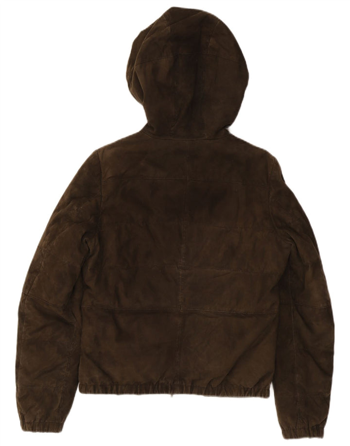 Max Mara Damen-Wildleder-gepolsterte Jacke mit Kapuze, UK 10, kleine Khaki-Leder-Bikerjacke