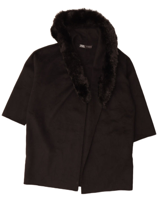 Zara Womens Oversized Hooded Open Overcoat UK 18 XL Black Wool