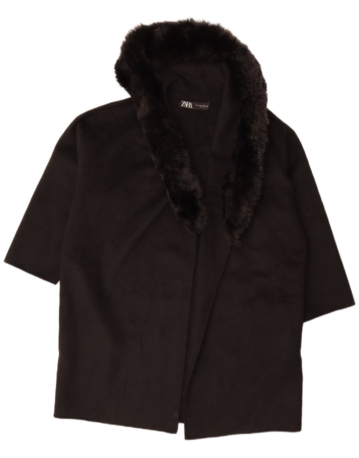 Zara Damen Übergroßer, offener Mantel mit Kapuze, UK 18, XL, schwarze Wolle