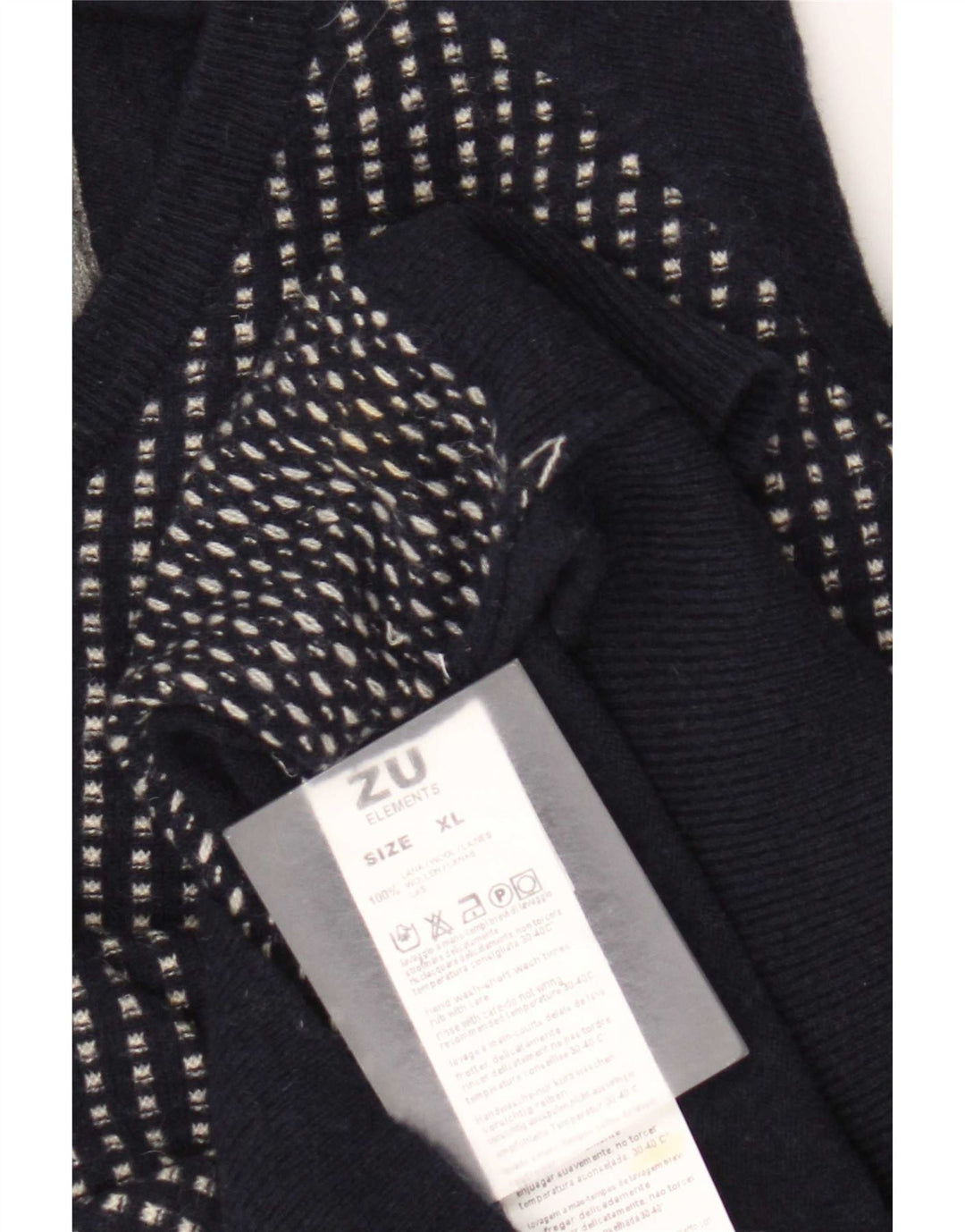 Zu Elements Herren-Pullover mit grafischem V-Ausschnitt, XL, marineblaue geometrische Wolle