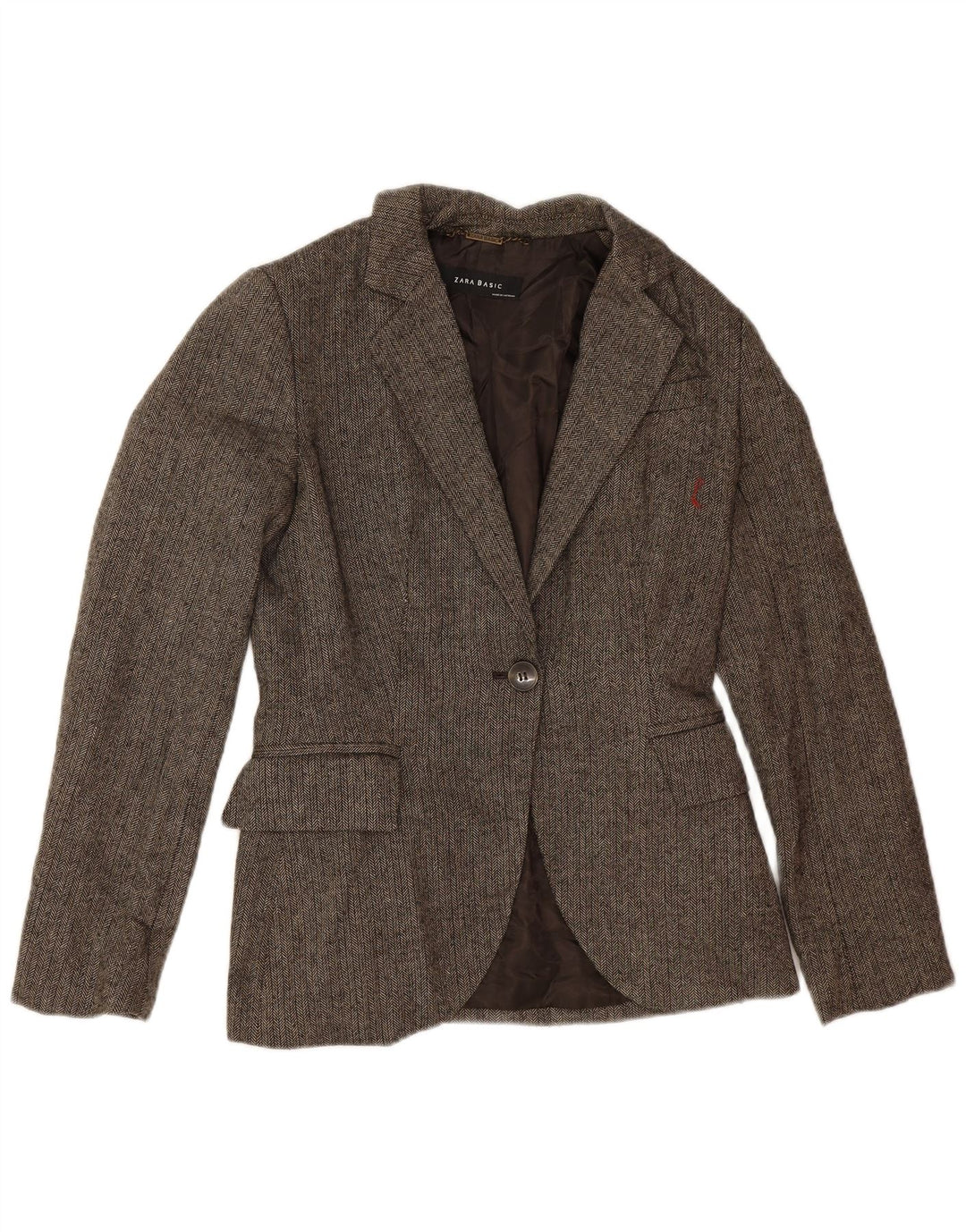 Zara Damen 1-Knopf-Blazerjacke UK 12 Mittelbraune Wolle mit Fischgrätenmuster