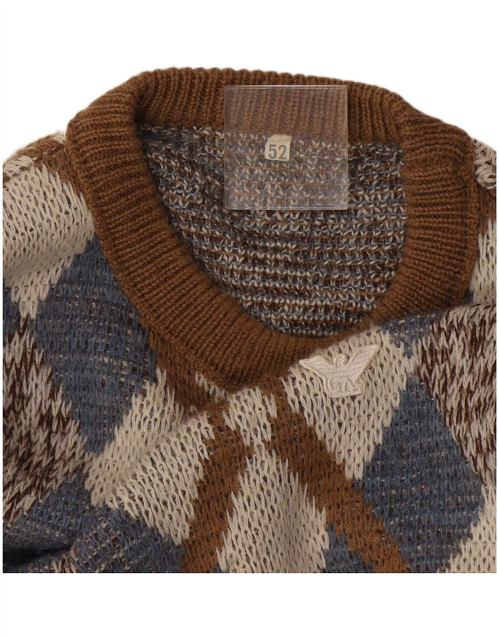 Vintage Herren-Pullover mit Rundhalsausschnitt, Größe 52, groß, braun, Argyle/Diamant