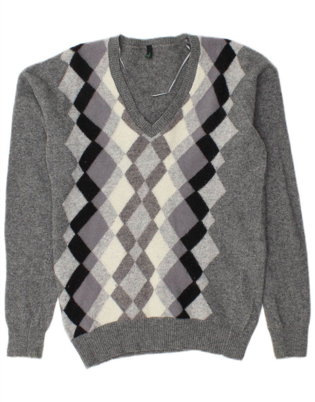 BENETTON Damen-Pullover mit V-Ausschnitt, Gr. 10, Größe S, graue Argyle-/Diamantwolle