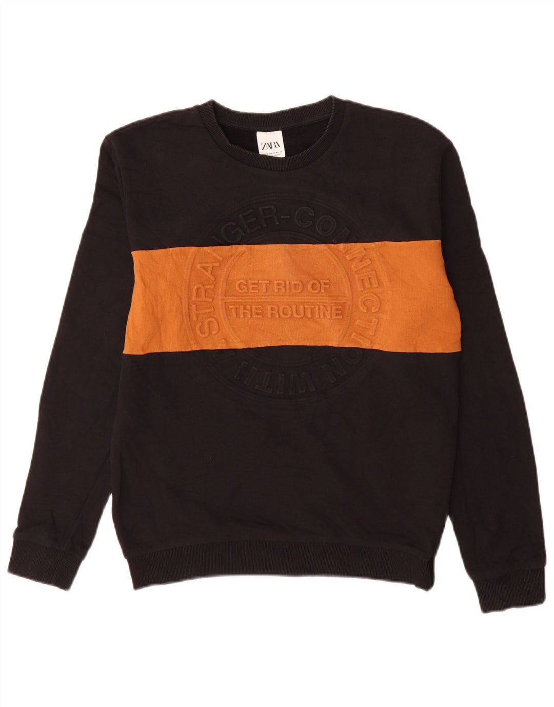 Zara Herren Grafik-Sweatshirt-Pullover aus mittelschwarzer Colourblock-Baumwolle