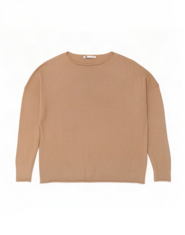 Übergroßer Damen-Pullover mit U-Boot-Ausschnitt von Zara, UK 14, mittelbeige Baumwolle
