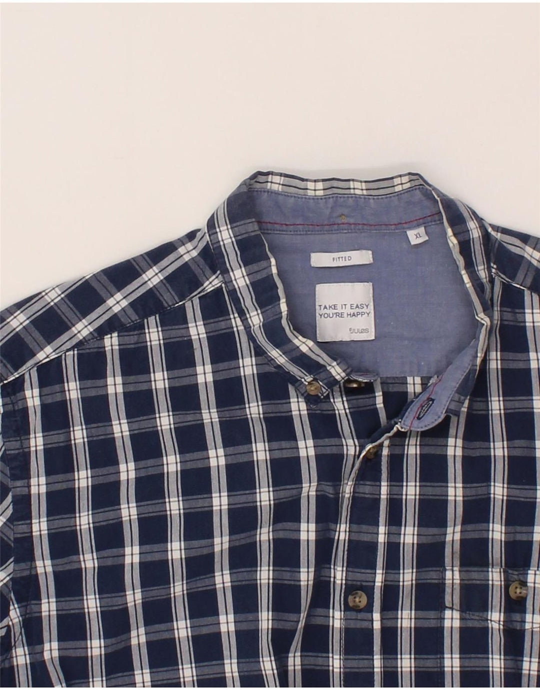 JULES Mens Fitted Shirt XL Navy Blue Check Cotton Vintage Jules and Second-Hand Jules from Messina Hembry 