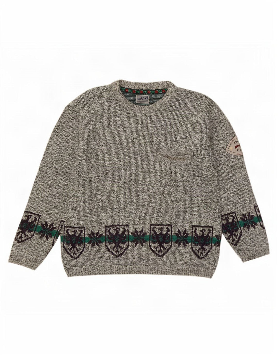 Vintage Herren-Pullover mit Rundhalsausschnitt, groß, graue Fair-Isle-Wolle