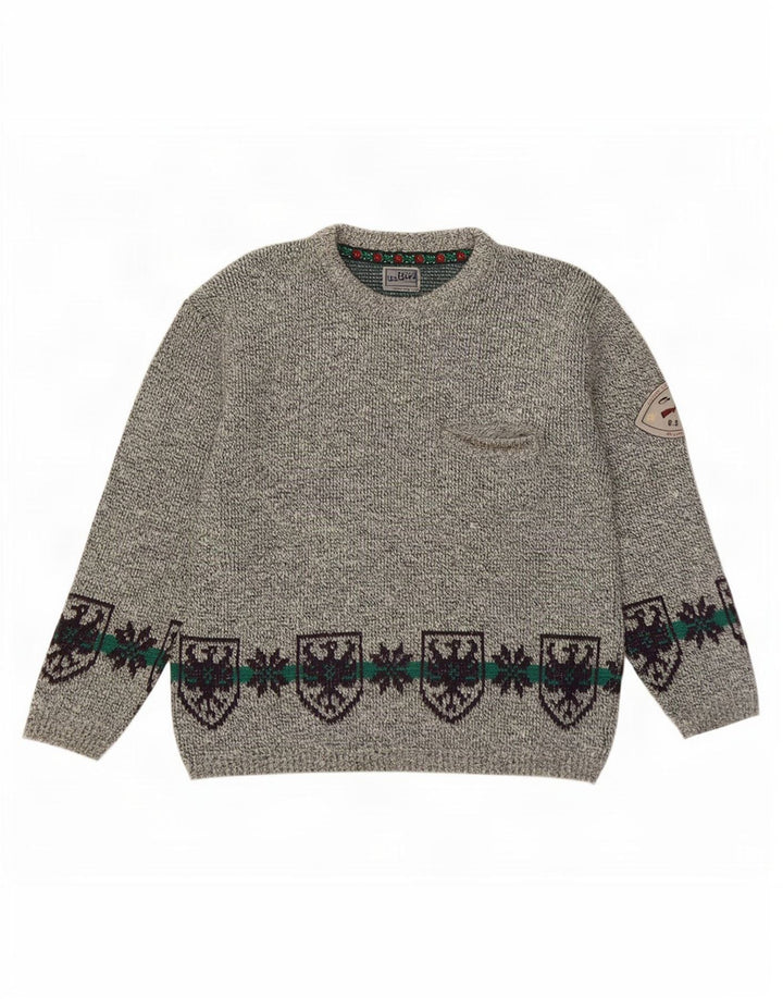 Vintage Herren-Pullover mit Rundhalsausschnitt, groß, graue Fair-Isle-Wolle