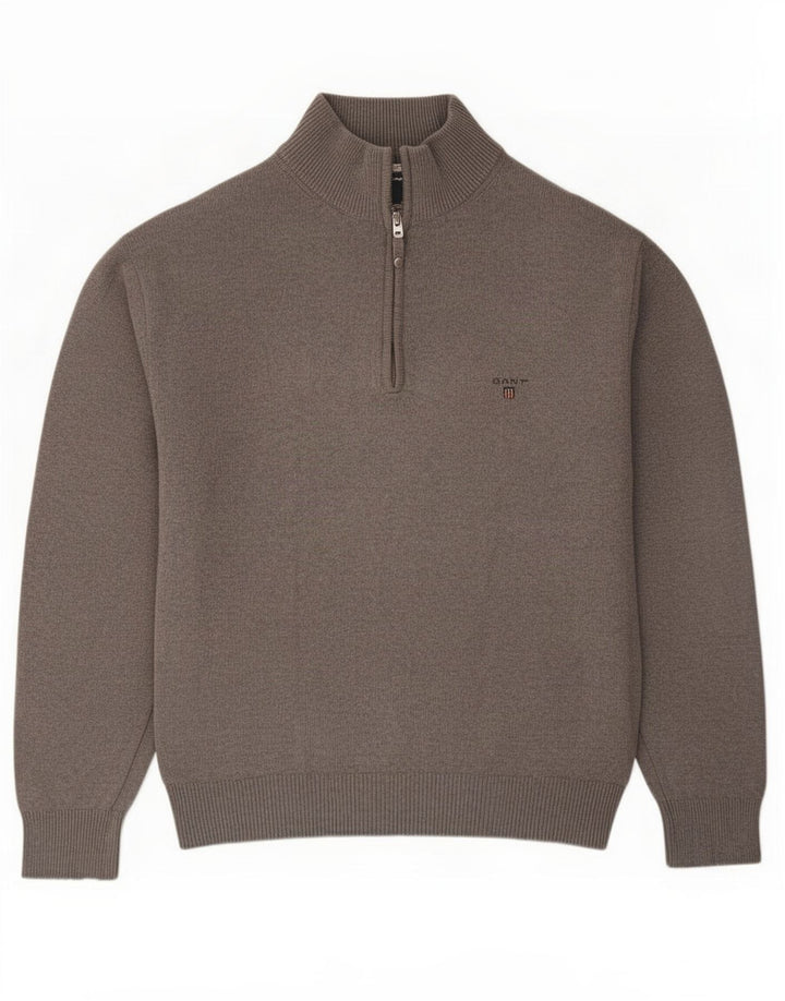 Gant Herren-Pullover mit Reißverschluss am Hals, groß, aus grauer Baumwolle