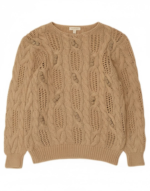 Madeleine Damen Durchsichtiger Pullover mit U-Boot-Ausschnitt, EU 40/42, Mittelbeige