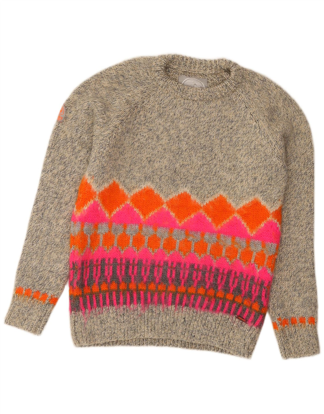 Superdry Damen-Pullover mit Rundhalsausschnitt, UK 14, Mittelgrau, Fair Isle