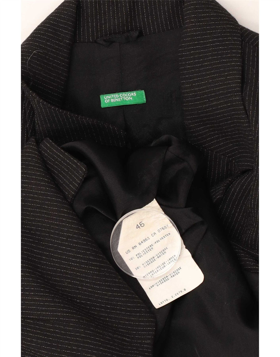 Benetton Damen-Blazer mit 3 Knöpfen, IT 46, Größe L, Schwarz, Nadelstreifen