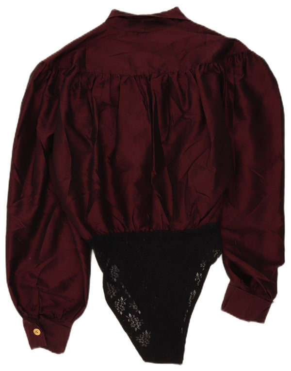 Vintage Damen Langarm-Shirt-Bodysuit UK 16 Large Burgund Colourblock