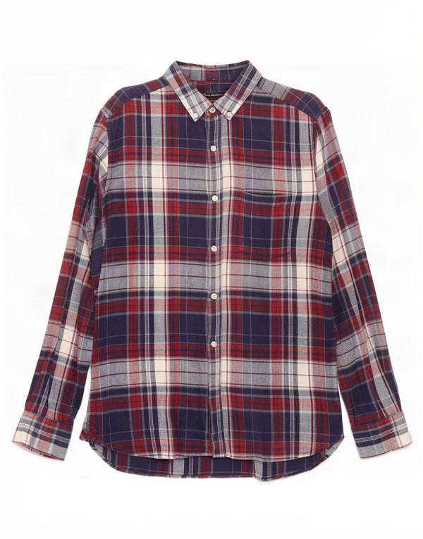 French Connection Mens Flannel Shirt Medium Navy Blue Plaid Cotton