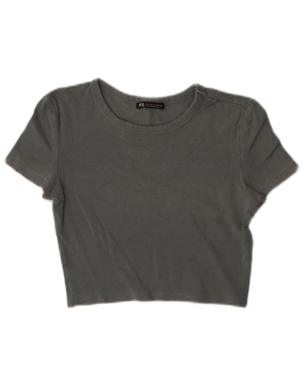 Zara Damen Crop T-Shirt Top UK 8 Small Grüne Baumwolle