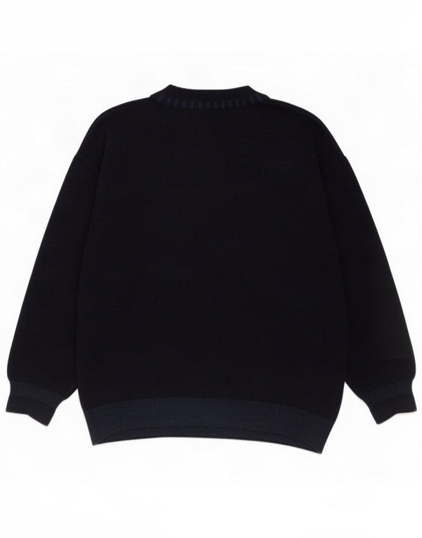 Vintage Mens V-Neck Jumper Sweater Large Navy Blue Colourblock Wool