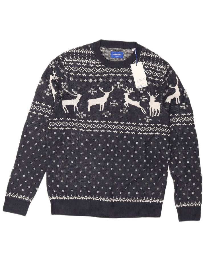 Jack & Jones Herren-Pullover mit Rundhalsausschnitt, Größe L, Marineblau, Fair Isle