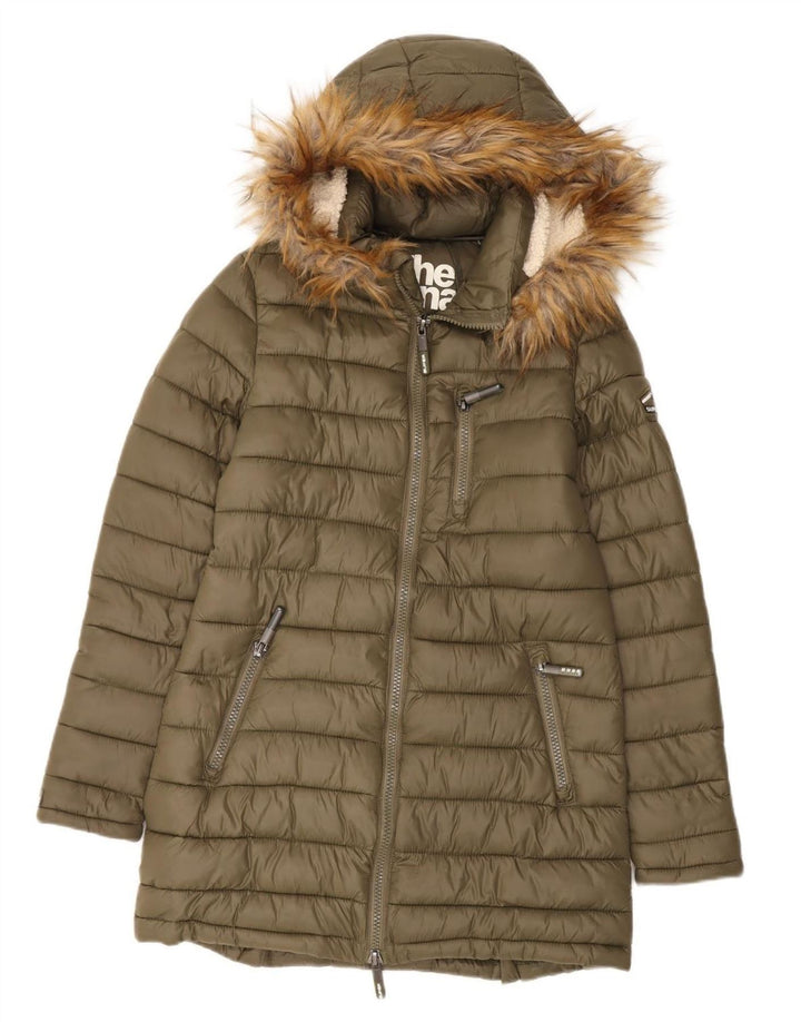 Superdry Wattierter Mantel mit Kapuze für Damen, UK 14, Medium Khaki, Nylon